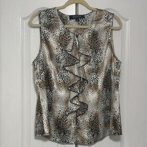 Kasper Sleeveless Ruffle Front Animal Print Top in Beige and Black